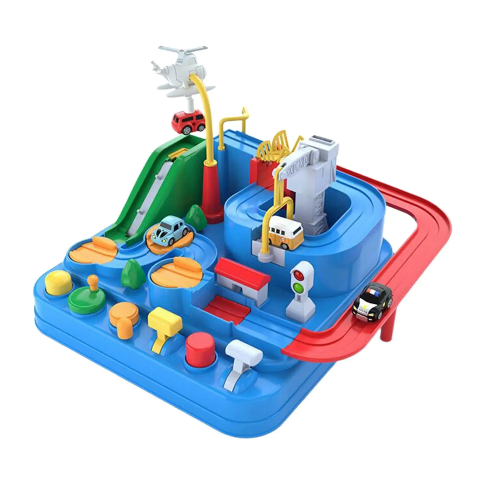 Train Track Car Playset Kids Educational Toy Mechanical Connecting Rod Adventure Rail Game with Plane Crane for Children Age