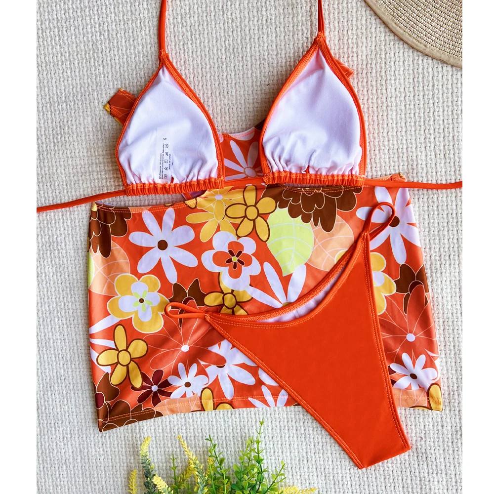 VigorCasey Sexy Orange Halter 3PCS Print Skirt Bikini Set Stroje kąpielowe Kobiety 2025 High Cut Push Up Strój kąpielowy bez pleców