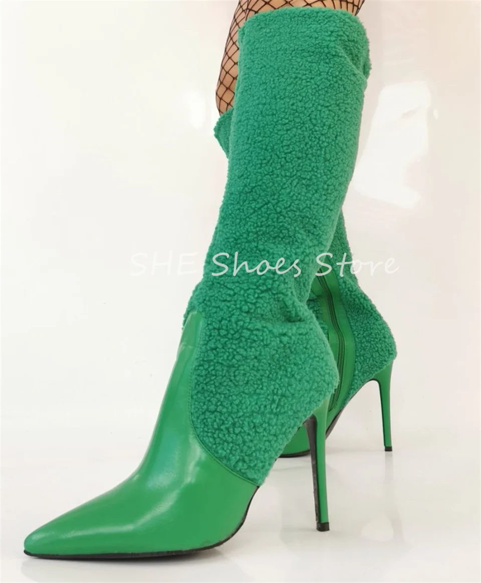 

Green Wool Splicing Leather Boots Fashion Women Knee High Boots Pointed Toe High Heel Winter Warm Boots Ladies Dress Shoe