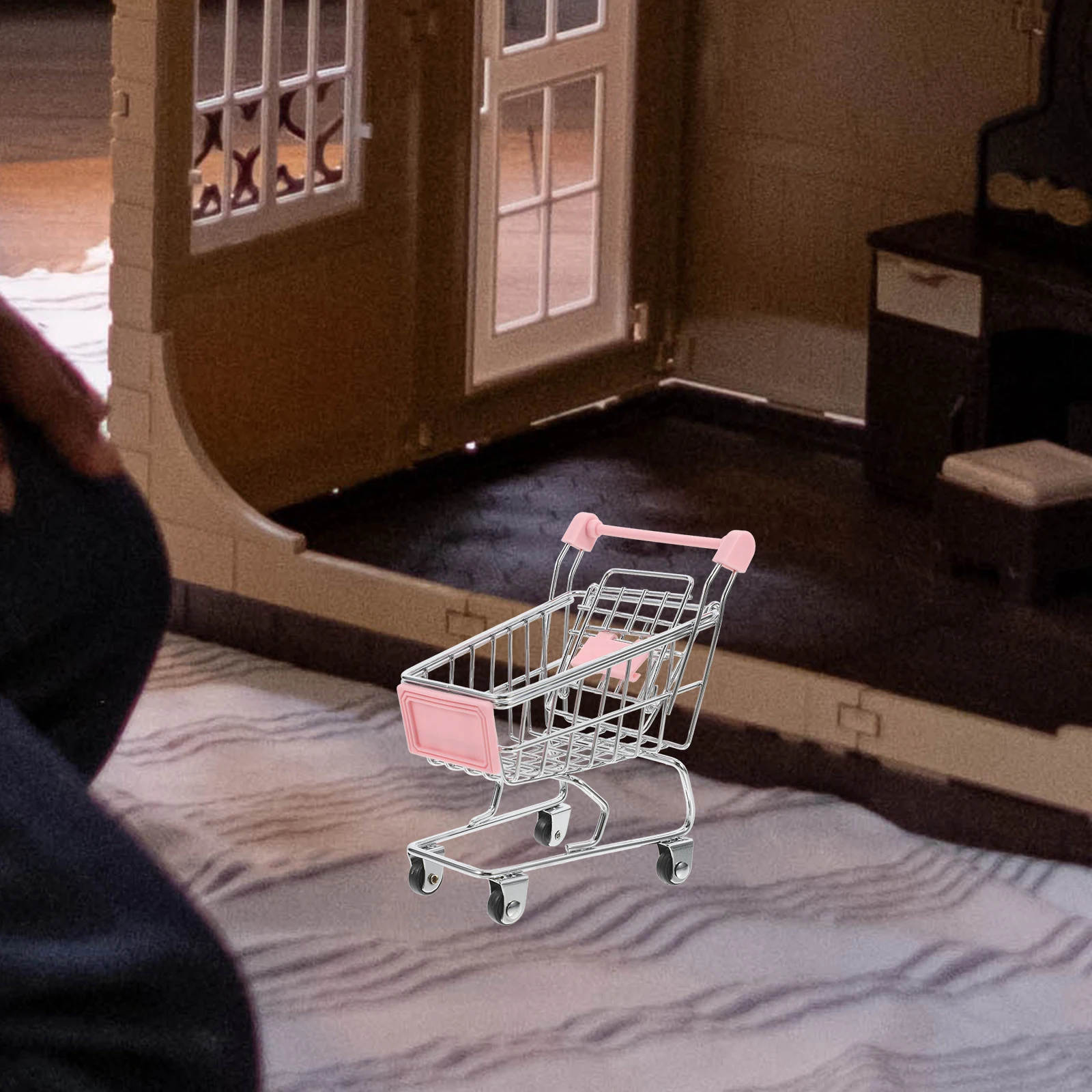

Multifunctional Mini Shopping Cart Kids Play Iron Handcart Modeling Decor Pink Market Trolley Compact Size Wear-Resistant