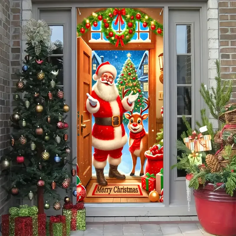 Christmas Door Cover Decoration Santa Claus Puppy Xmas Gift Box  Bowknot Background Indoor Outdoor Porch Banner Party Supplies