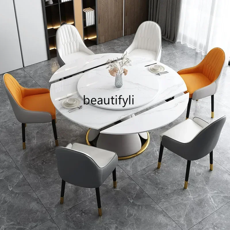

Y Light luxury rock slab dining table small household rotating round table modern simple telescopic folding dining table