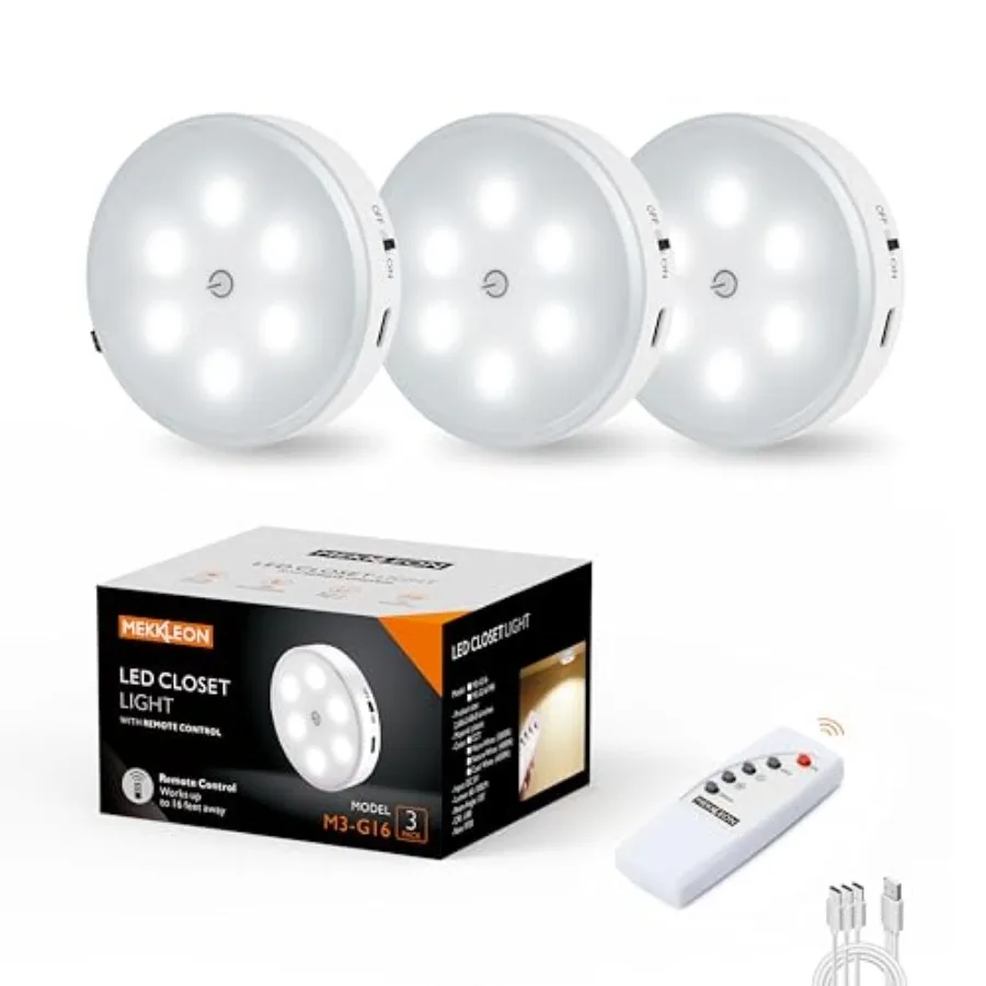 

Puck Lights with Remote Control, 1000mAh Rechargeable Under Cabinet Lighting, LED Closet Lights, 3Pack Night Light, Cordless St