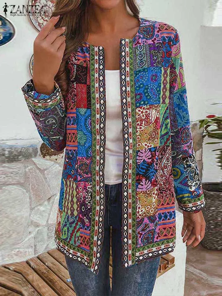 ZANZEA 2024 Fall Women Jackets O Neck Long Sleeve Casual Vintage Cardigan Tops Open Front Bohemian Ethnic Print Lined Outerwear