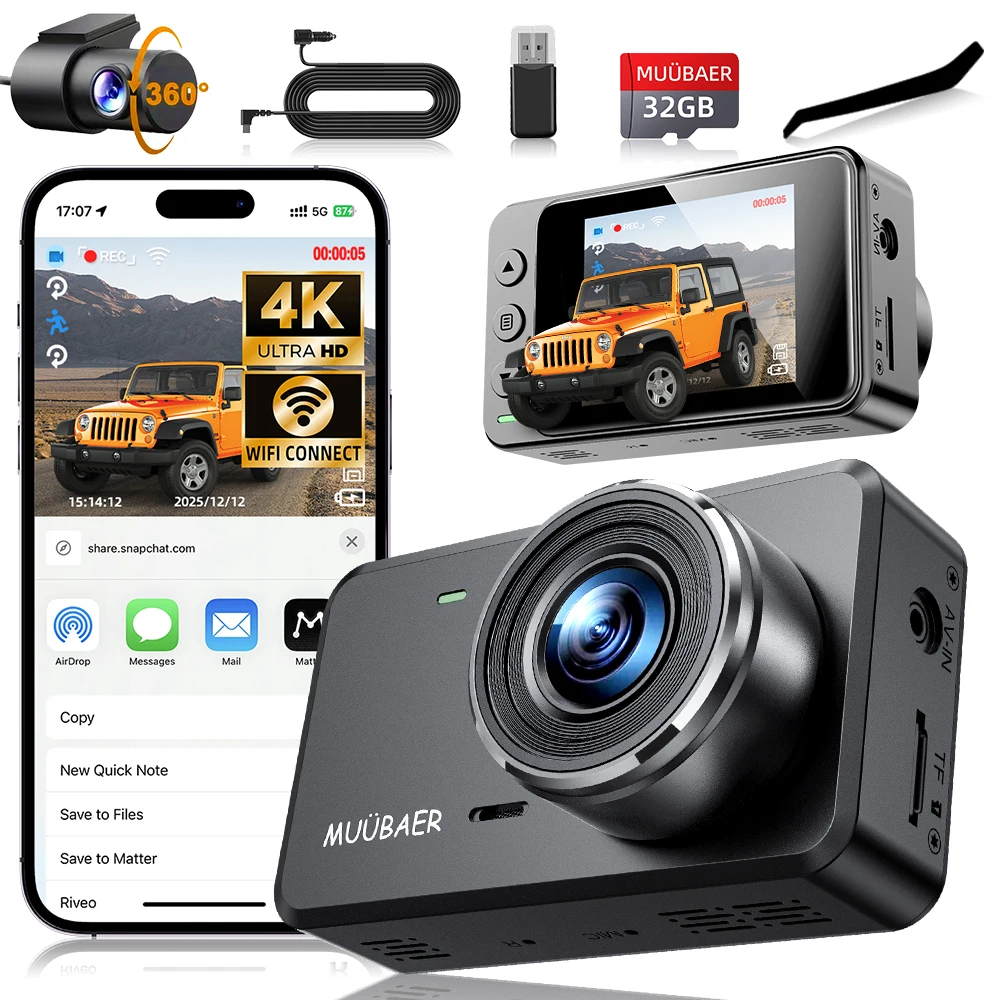 

Передняя и задняя двойная видеорегистратор 4K и 1080P | 3-дюймовый IPS-экран, Wi-Fi, контур ночного видения, запись, широкоугольный + карта 32 ГБ — подарок