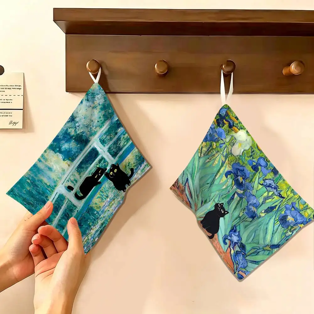 

Funny Black Cat Famous Painting Hanging Kitchen Towel, Polyester Cotton Material, Multipurpose Hand Wiping Towel for Family