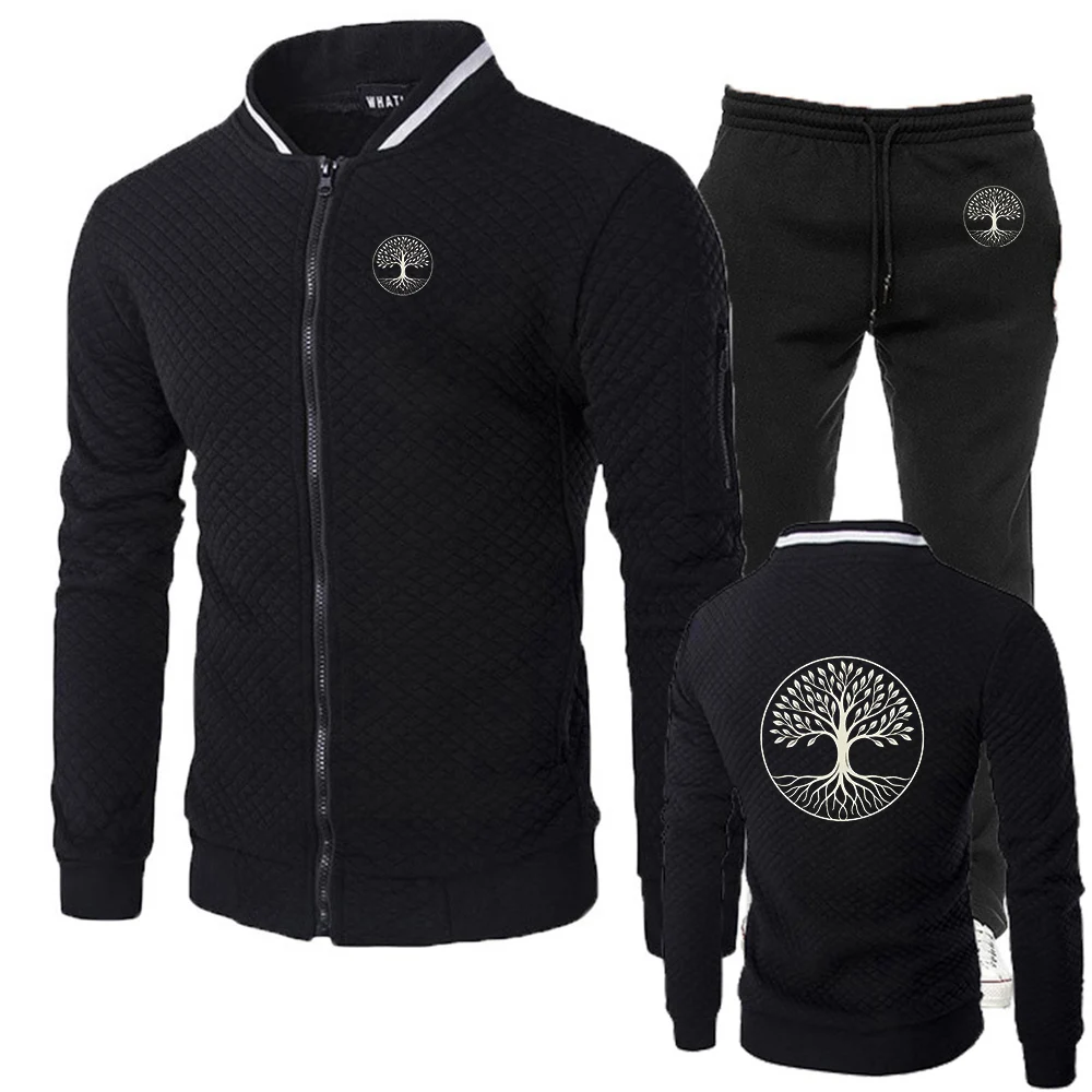 

2026 Spring And Autumn Men's New Slim-fit Set Trees Pattern Print Casual Fitness Jacket + Pocket Trouser Sports Suit