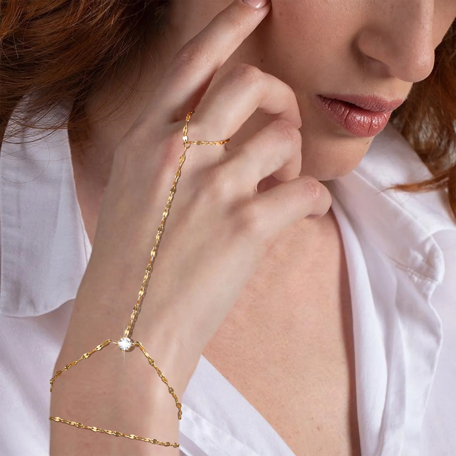 

Double Layer Vintage Finger Chain Bracelet 18K Gold Plated Zircon Hand Chain Ring Bracelets Stainless Steel Jewelry for Women