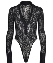 Women Long Sleeve Y2k Black Lace V neck KYLEAH BODYSUIT