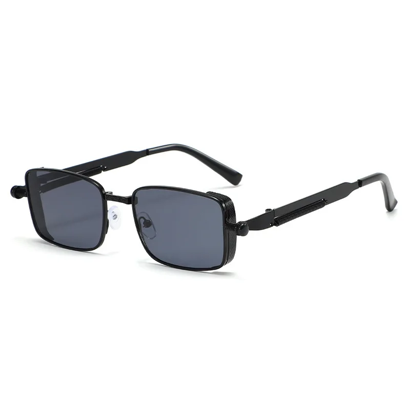 Retro Narrow Square Men Women Sunglasses for Golden Metal Frame with Mechanical Textured UV400for Street Shooting Travel Outdoor