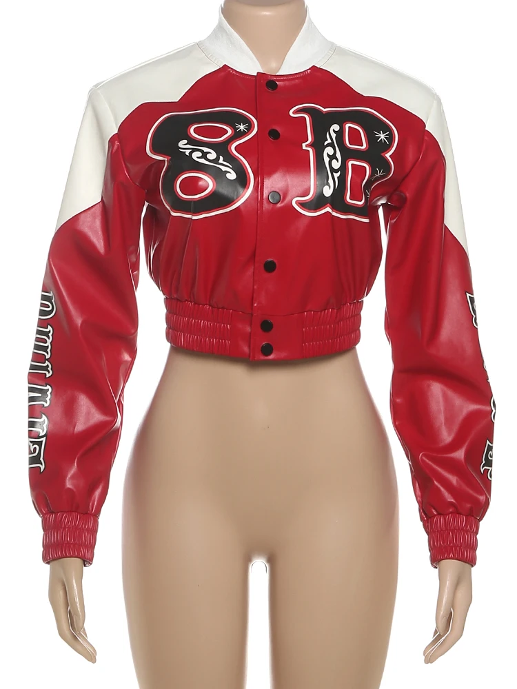 Weird Puss PU Patchwork Crop Jacket Woman Uniform Letter Print Full Sleeve Single-Breasted Cardigan Skinny Single-Button Coat