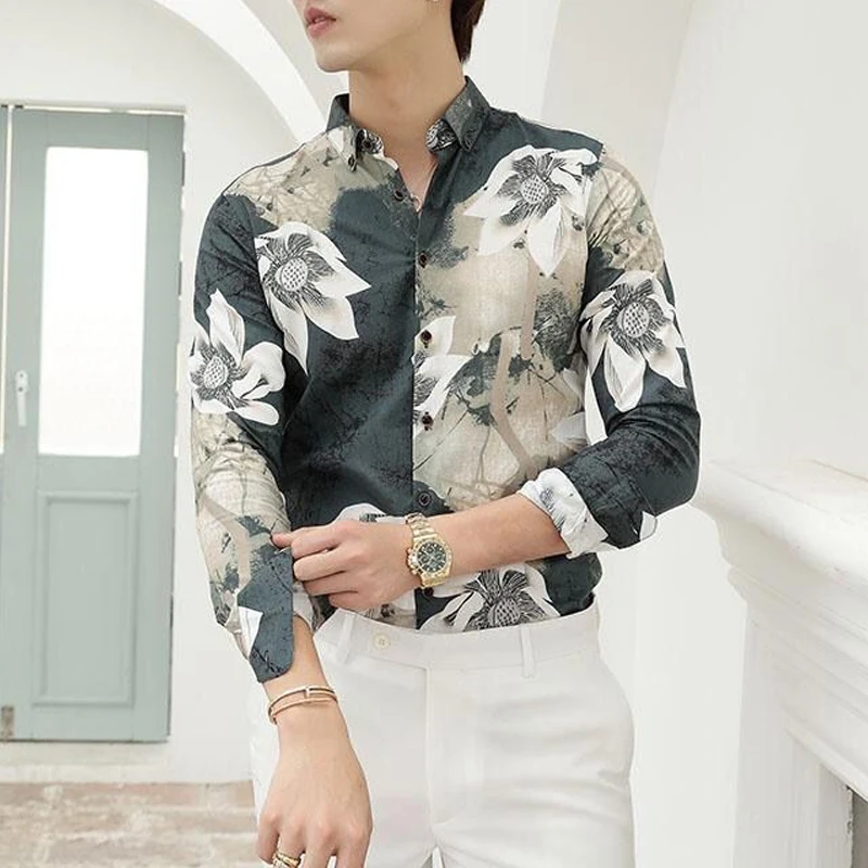 Spring Autumn New Turn-down Collar Fashion Long Sleeve Shirt Man High Street Loose Floral Printing Cardigan Button All-match Top