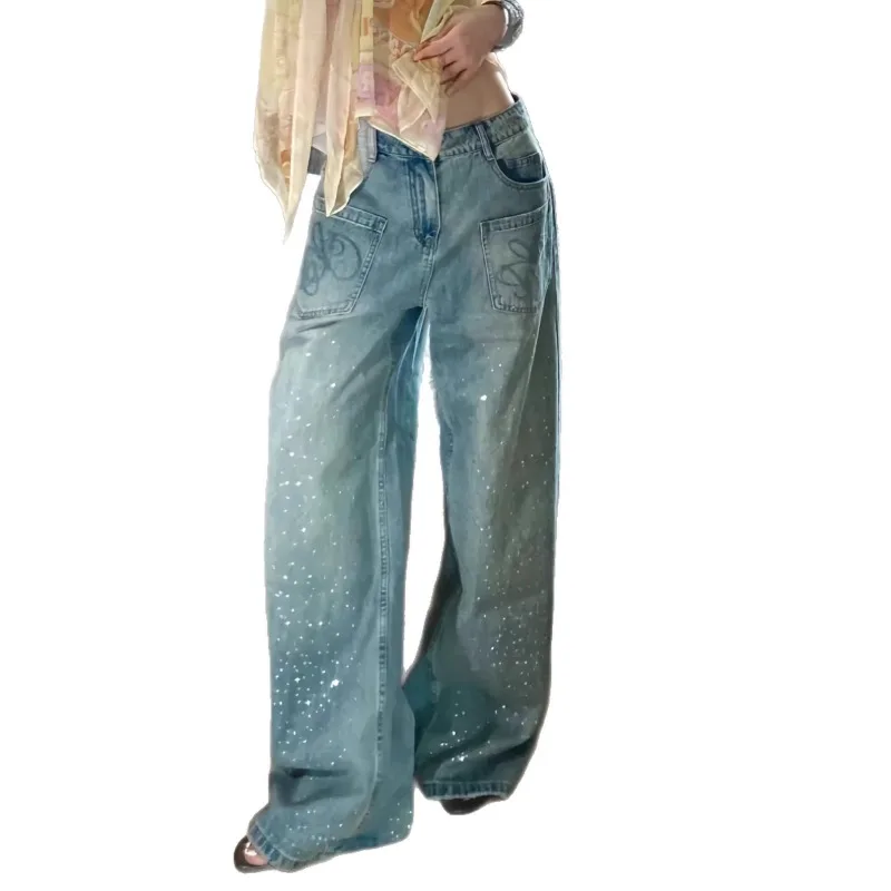 

Women's jeans Women's 2026Spring Heavy-Duty Star Rhinestone Design Jeans Street Loose Wide Leg Straight Floor Length Denim Pants