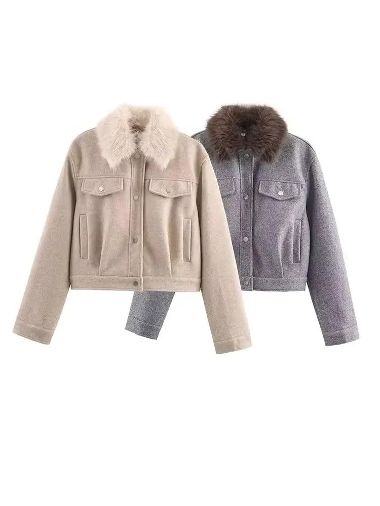 

HH Woman Long Sleeves Single Breasted Pocket Decoration Removable Fur Lapels Suit Coat Female Autumn Leisure Button Coat