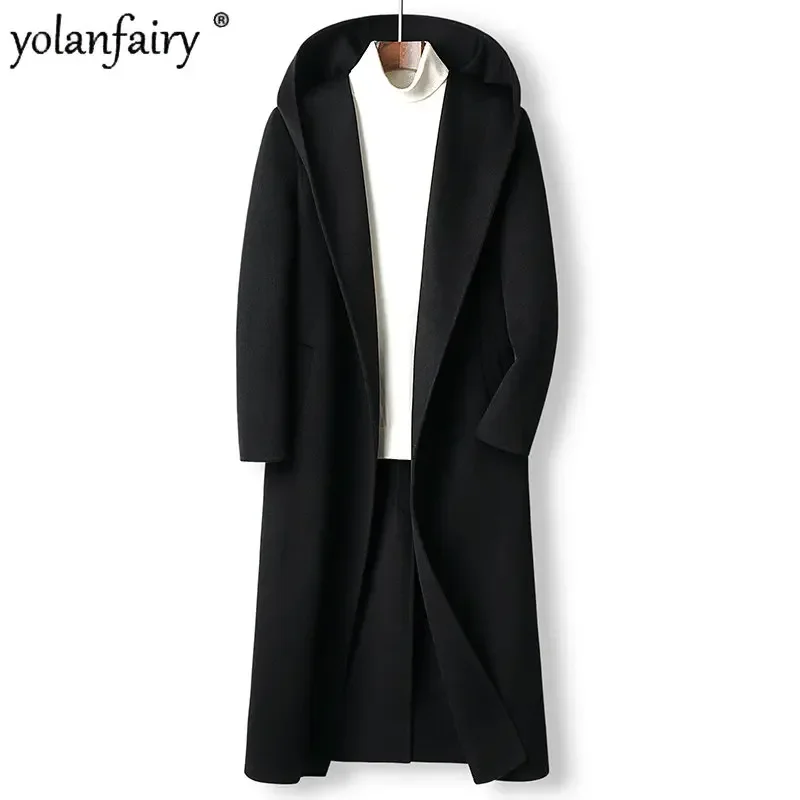 Wool Coat Men Coats Winter New Double-sided Cashmere Coat Men's Hooded Over-knee Extra-long Trench Coat Male Buttonless Abrigos