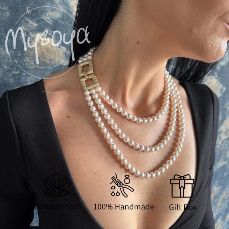 

MYSOYA Трехслойное ожерелье из белого пресноводного жемчуга 8-9 мм с подарочной коробкой для нее для дня рождения, свадьбы, Дня святого Валентина.