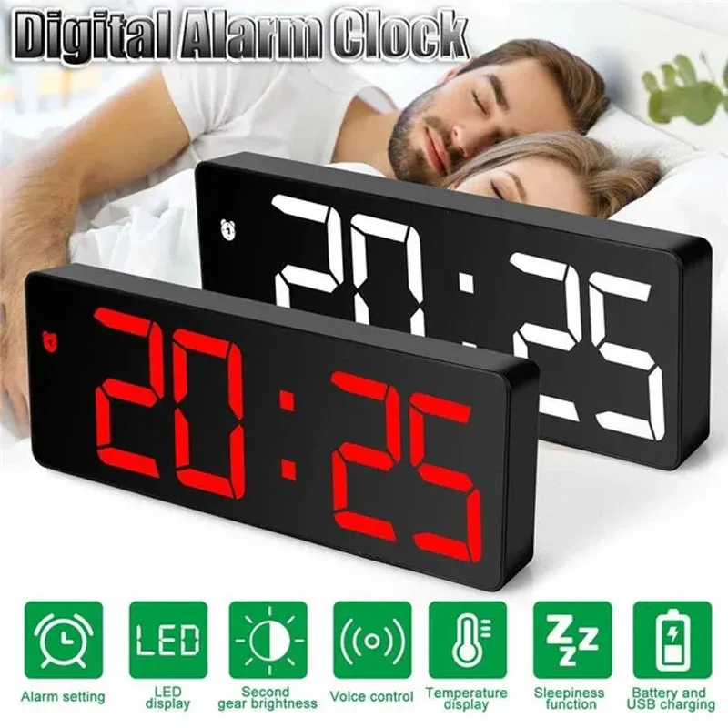 Large LED Digital Alarm Clock Number Clocks Voice Control Temperature Snooze Night Mode 12/24H Anti-disturb LED Table Clocks