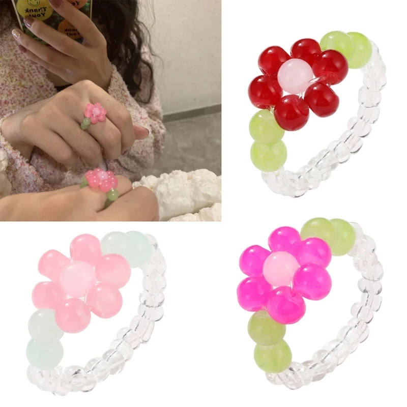 R2LE Beaded Ring Stacking Ring for Women Girls Jewelry Gift Kidcore Sunflower