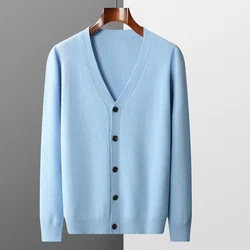New Men's 100% Pure Merino Wool Sweater Jacket V-Neck Knitted Cardigan Autumn Winter Solid Color Top Casual Basic All-Match