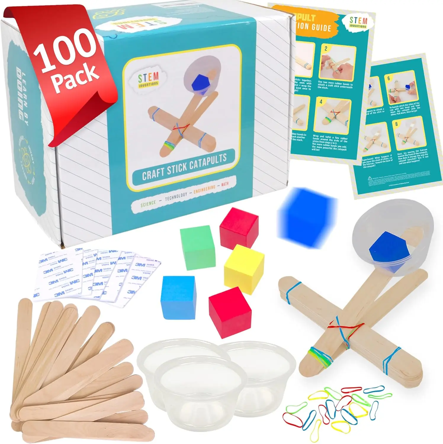 Catapult Kit, 100-Pack – Build 100 Mini Catapults for Kids, Ages 8+ | 1150 craft sticks, 2000 rubber bands, cups, foam cubes, and adhesive pads included. Bulk STEM projects for large groups