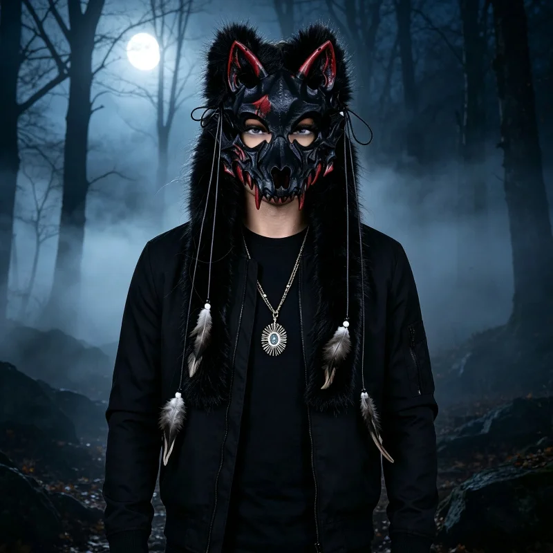 Gothic Werewolf Skull Mask With Furry Ear Feather Pendant Halloween Cosplay Mask Unisex Masquerade Party Costume Accessory Props