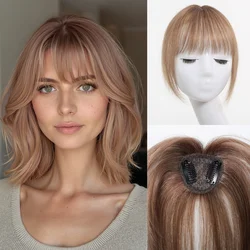Light Brown Remy Human Hair Topper with Air Bangs Fashion Straight Hair Toppers for Women Daily Use Clip in Hair  Extensions