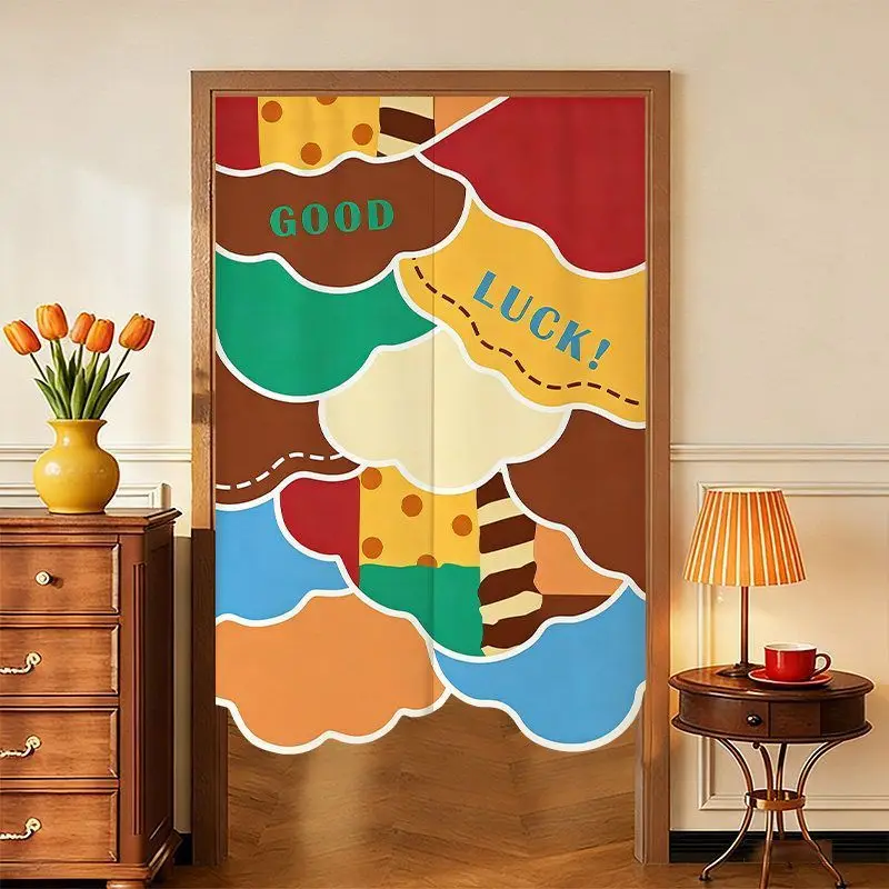Dopamine Color Block Good Luck Door Curtain, Fabric Door Curtain, No Punching, Bedroom Entrance, Privacy Partition Curtain
