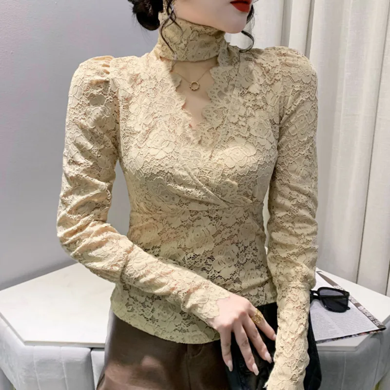 #8322 Black White Khaki Vintage Short Lace T Shirt Women Sexy Hollow Out Wrap T-Shirt Female Long Sleeve Thin Turtleneck Tight