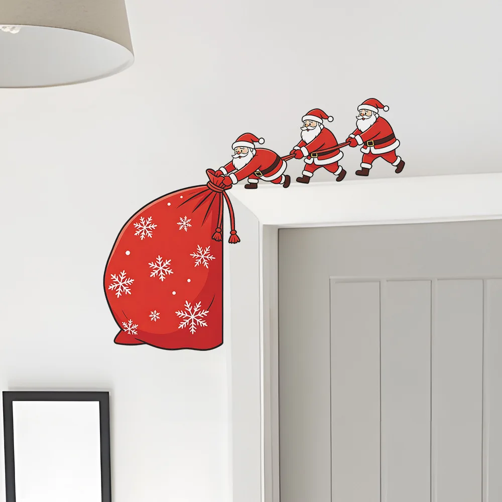 Christmas Funny Door Frame Santa Gift Bag PVC Wall Decal, Festive Decor Sticker for Bedroom Study Room Home Decoration