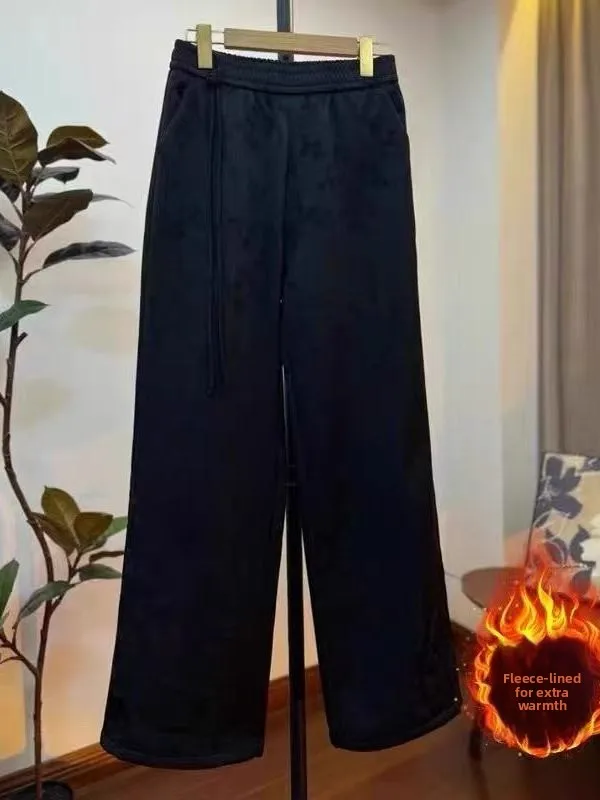 Pantaloni a gamba larga foderati Fce Faionable per donna con ricamo a motivo nascosto Nuovi pantaloni invernali cinesi Sle