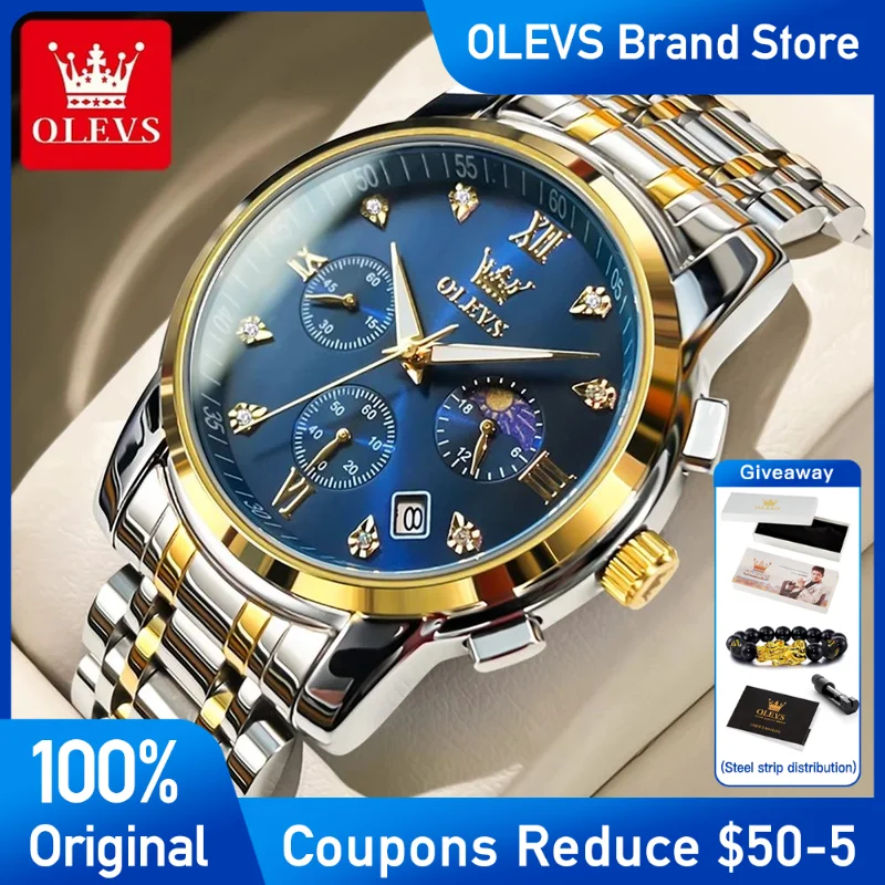 

OLEVS Men's watch Fashion Original Brand Quartz Watch Three Small Dial Waterproof calendar Chronograph Stainless steel watch