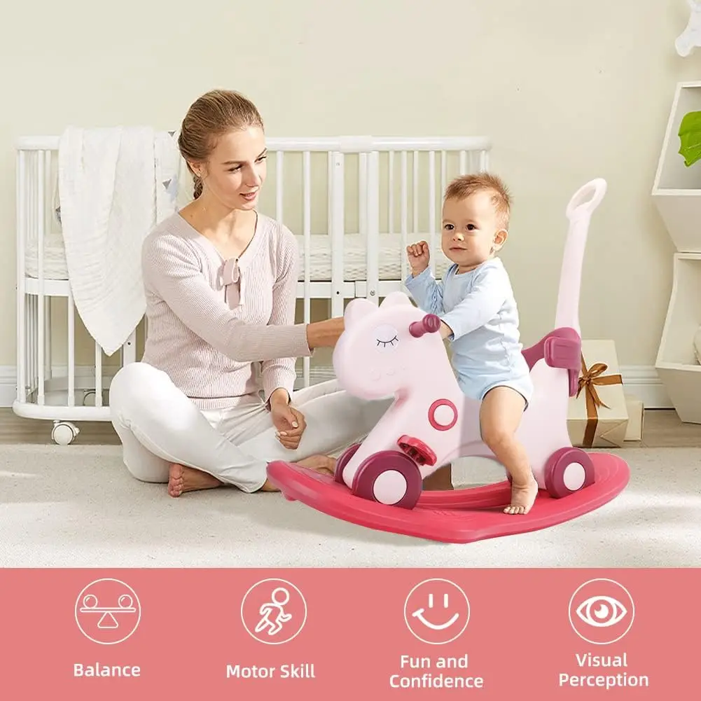 Cheval à bascule 4 en 1 pour tout-petits de 1 à 3 ans, jouets de vélo d'équilibre avec poignée de poussée, dossier et planche d'équilibre pour bébé