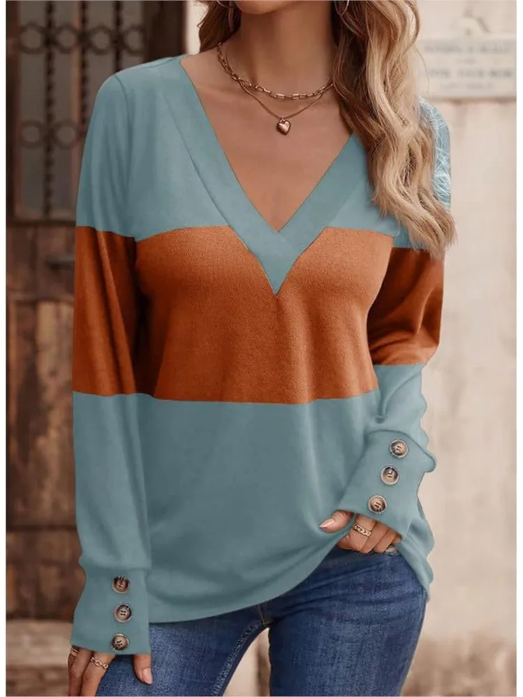 

Women's Spring Autumn New Color Blocked Long Sleeved T-shirt Sexy V-neck Color Blocked Button Hooded Casual Top