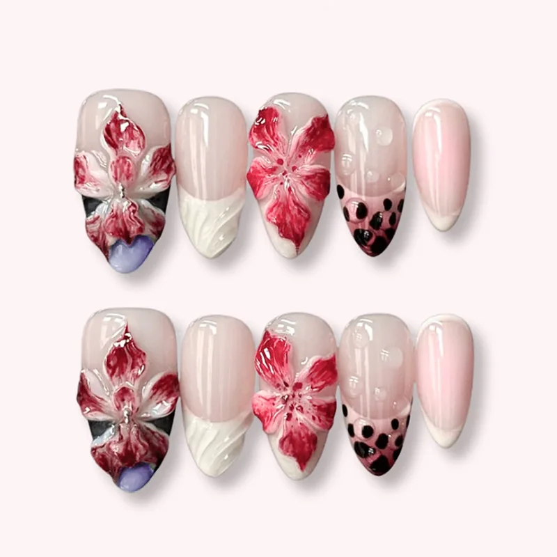 30pcs/set almond-shaped fake nails for women sex leopard print french tips faux ongles 3d trendy press on false nail supplies