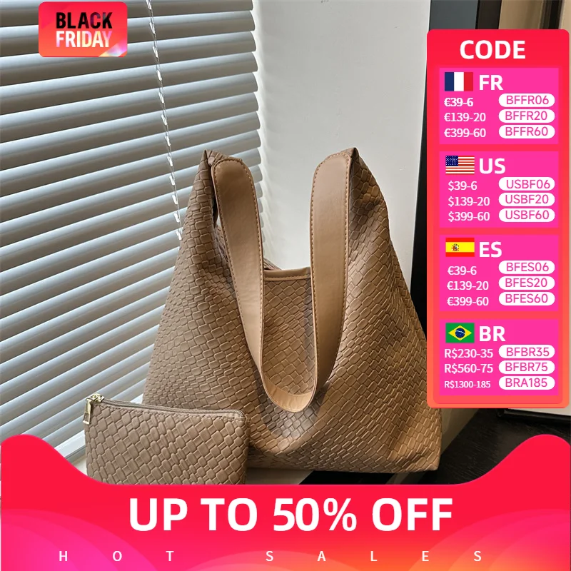 Fashion Woven Totes Women Handbag Large Capacity Soft Leather Underarm Bag Female Casual Shoulder Bags Commute Travel Big Bags