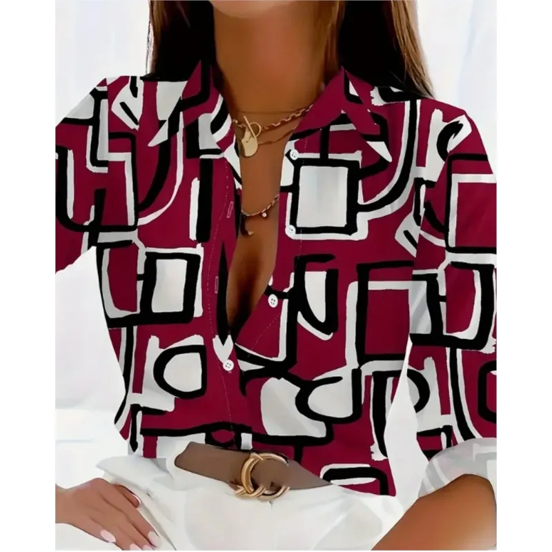 New Elegant Circle Printed Patterns Women's Long Sleeve Shirt with Collar and Button for High Quality Office Shirt Women's Wear