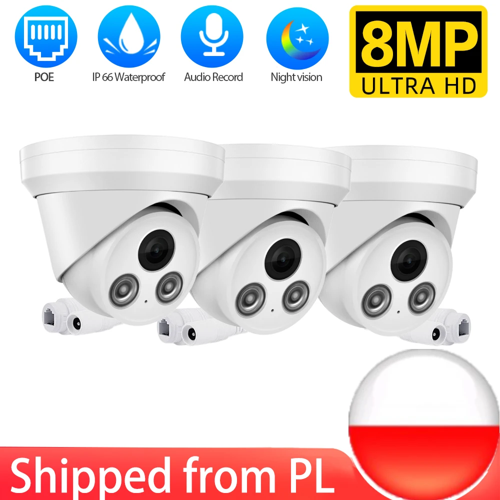 4K POE IP Dome Security Camera 8MP Outdoor Waterproof with Color Night Vision and Audio Recording Video Surveillance Camera 8mp