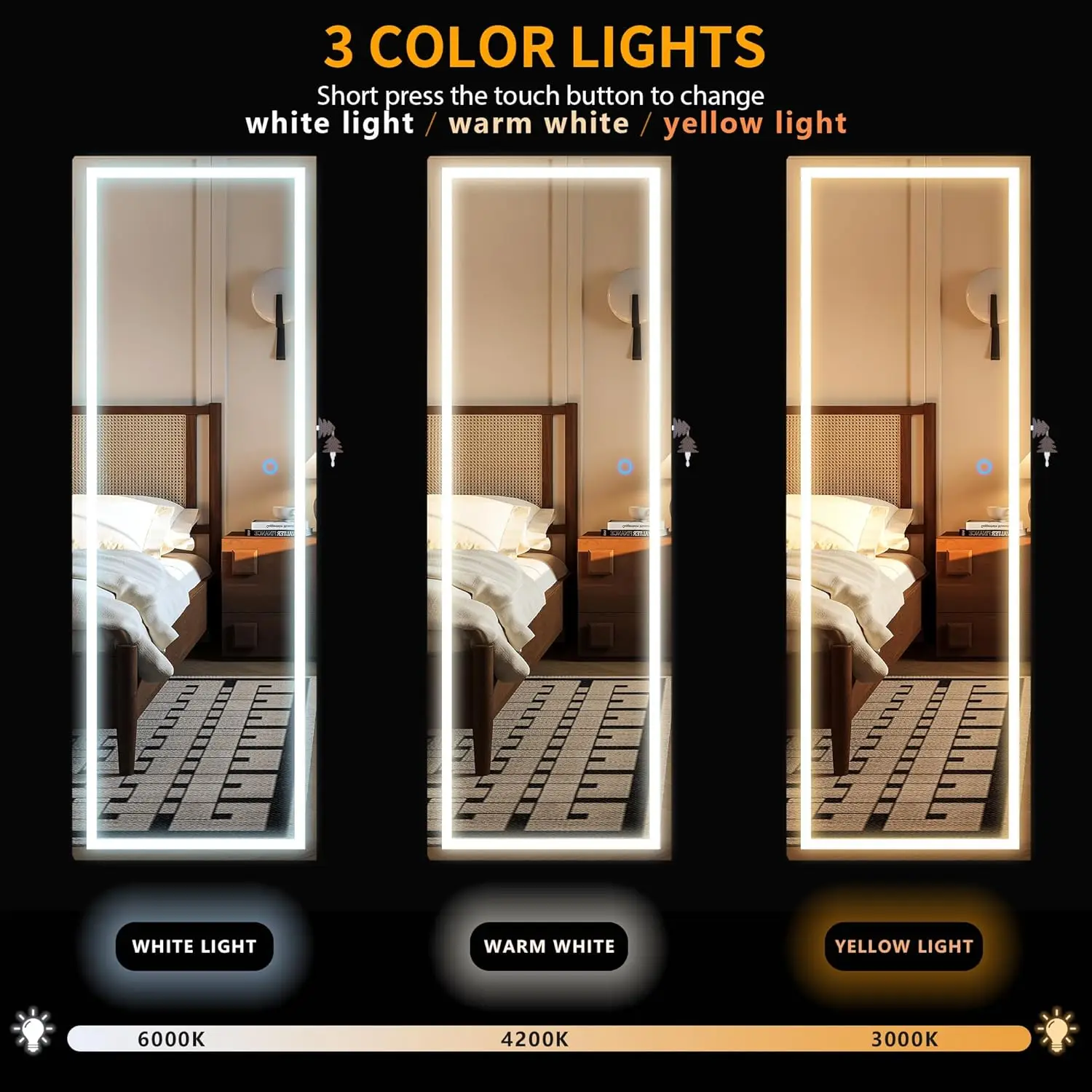 خزانة مرآة LED معلقة على الباب، خزانة تنظيم المجوهرات المثبتة على الحائط، مرآة مضاءة كاملة الطول مع مساحة تخزين المجوهرات، 3