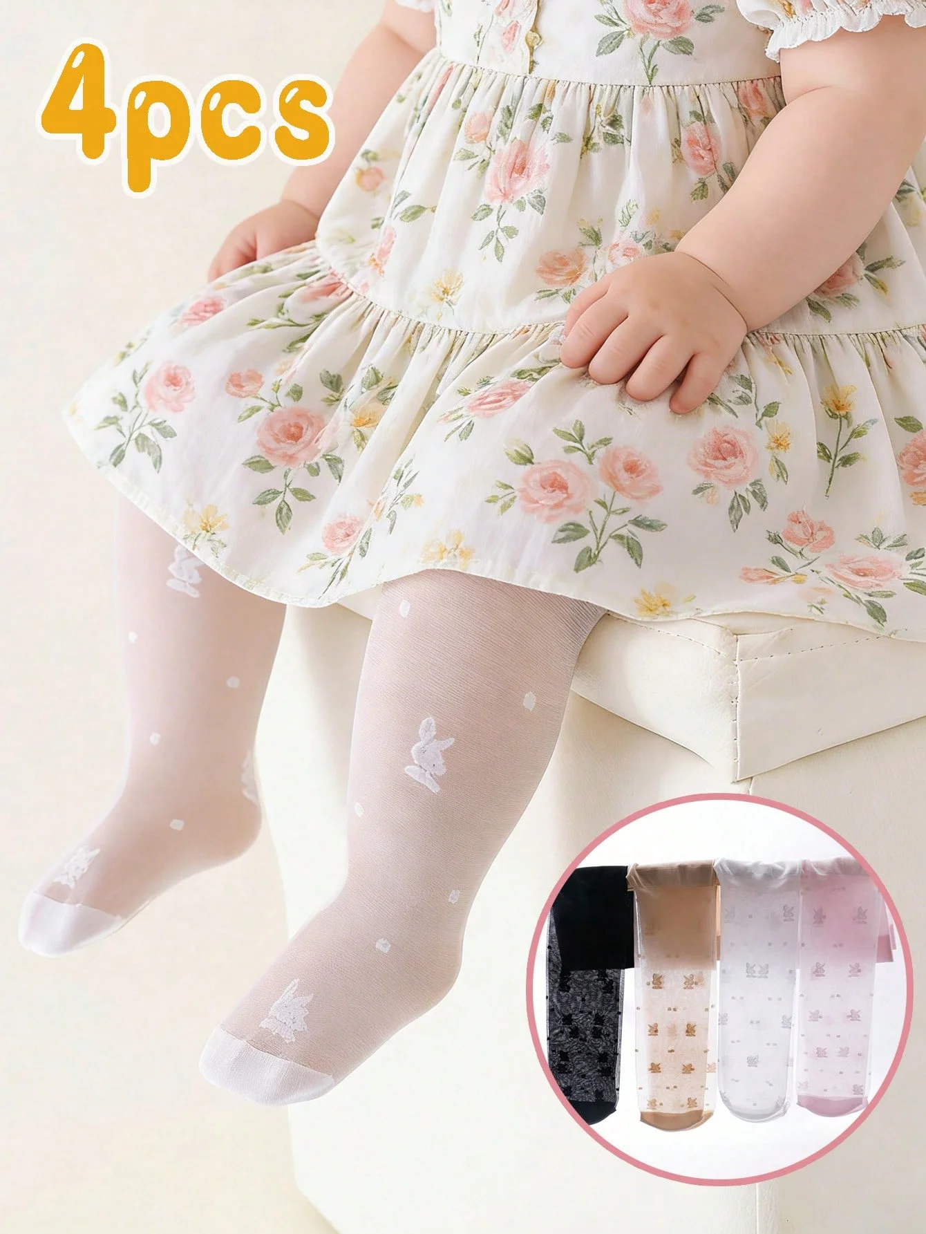 

4 Pairs of Toddler Sweet Cute Rabbit Spring and Summer Breathable Silk Stockings for Baby Girls Aged 0-72 Months Daily Wear