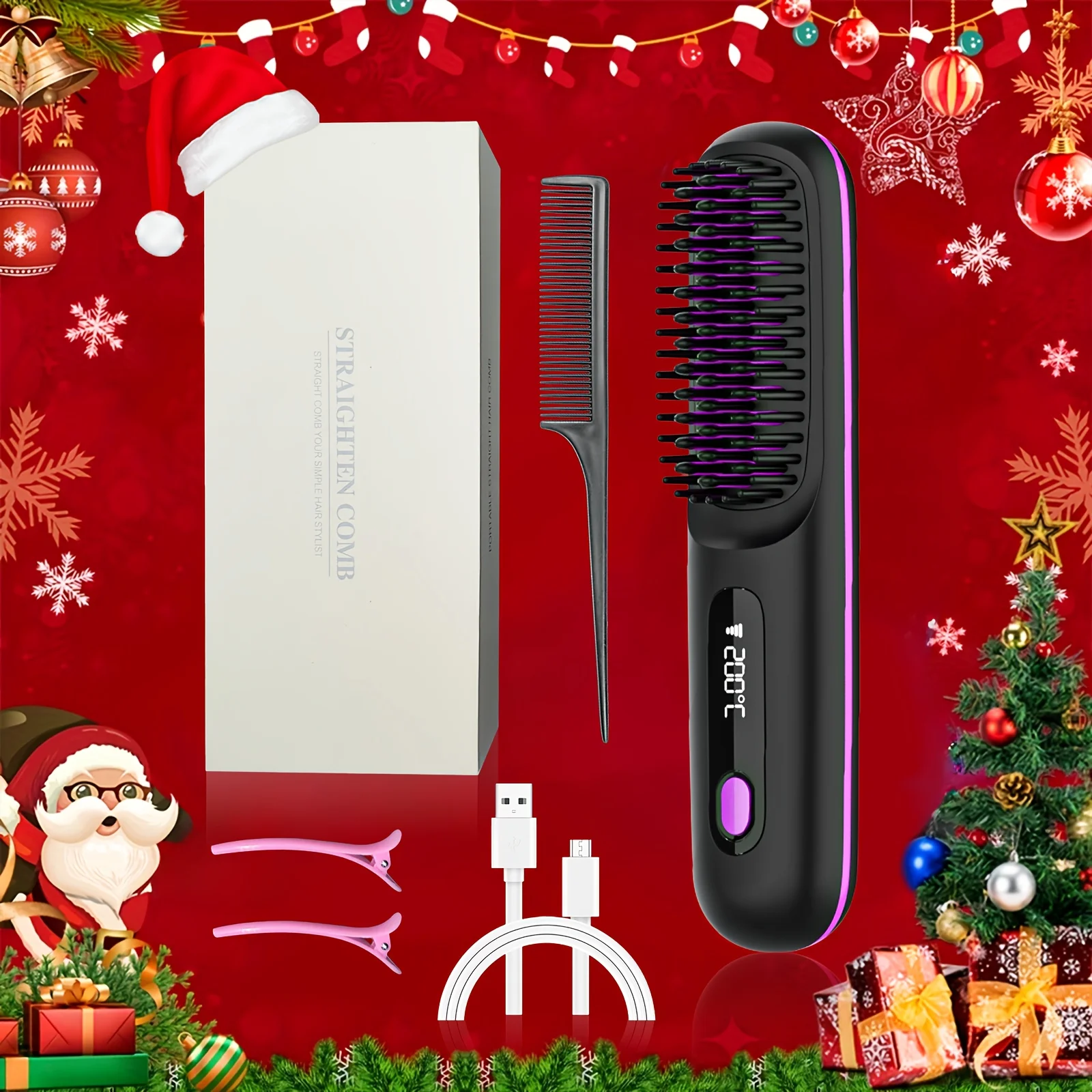 Cordless Hair Straightener Brush, Portable Negative Ion Hot Comb, Fast Heating, Long Battery Life