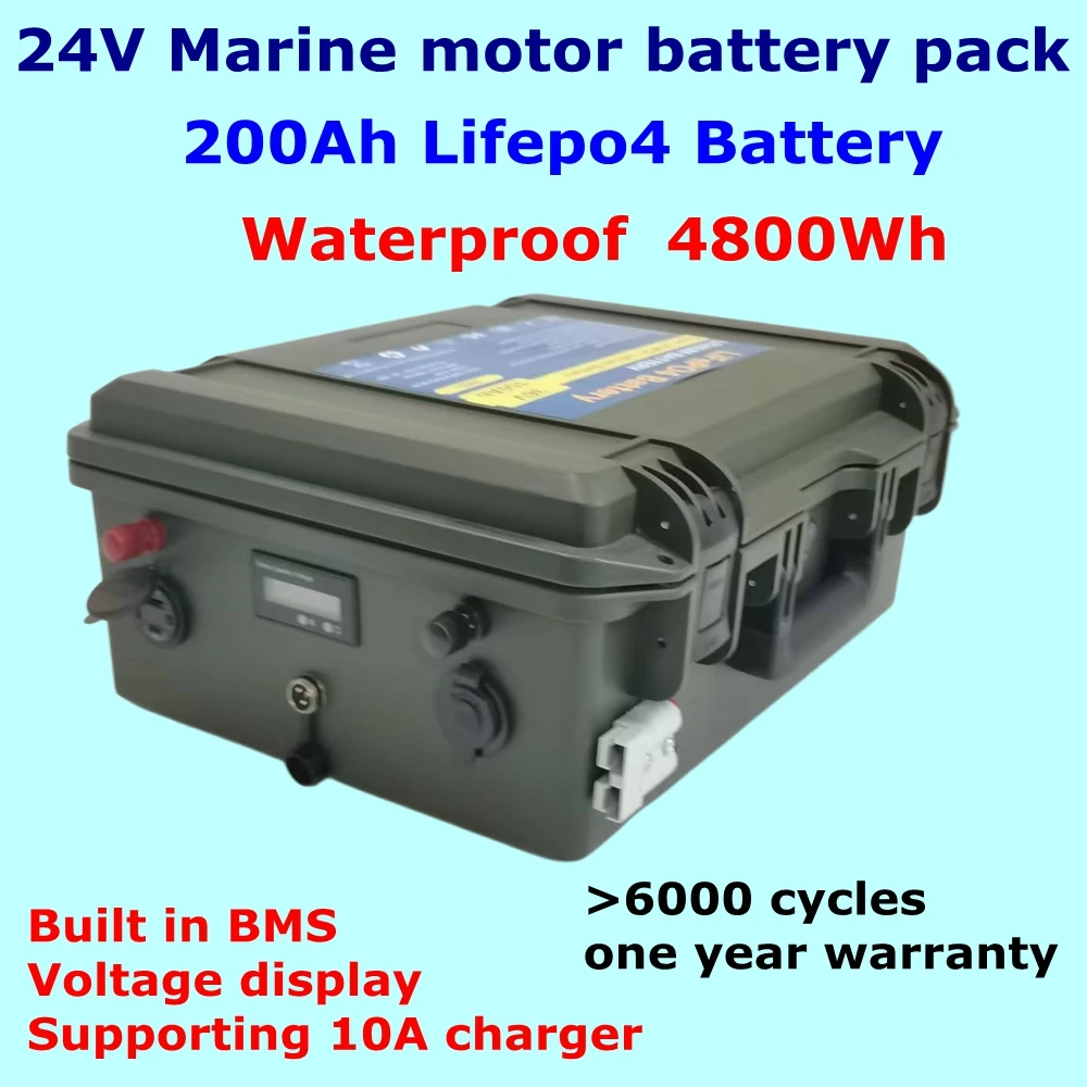 

Waterproof Marine motor battery pack 24V 200Ah LiFePo4 Battery with BMS for 2400W 89/119 pound thruster,fishing boat20A charger.