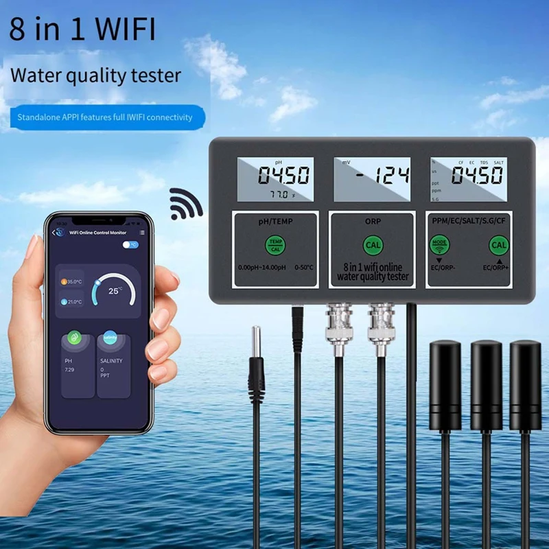 Water Quality Tester 8-in-1pH/ORP/EC/TDS/SALT/S.G// Temp WiFi Connectivity App Control for Pools and Aquariums UK Plug-VVNB