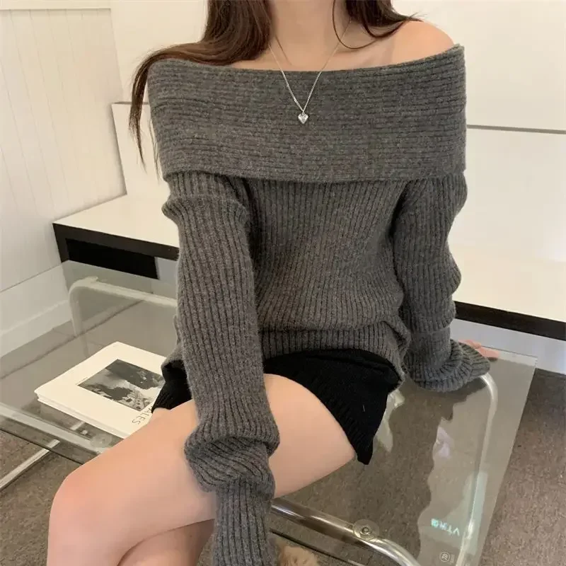 Deeptown Elegant Sweater Women Korean Style Off Shoulder Knitted Female Jumper Vintage Autumn Knitwear Harajuku Fashion Pullover