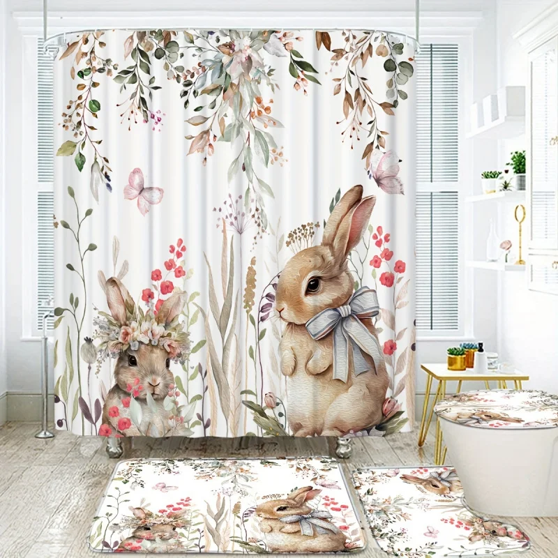 4pcs Cute Rabbit Easter Pattern Shower Curtain Set, Waterproof Shower Curtain With 12 Hooks, Non-Slip Bath Rug, U-Shape Mat, Toi