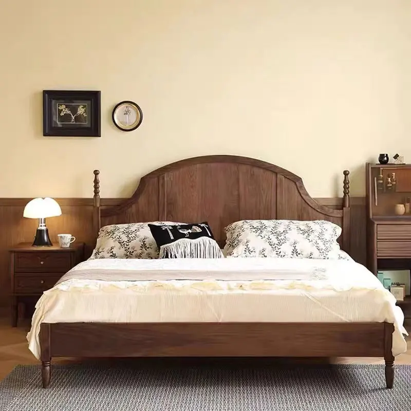 

Black walnut French retro solid wood bed simple cherry wood