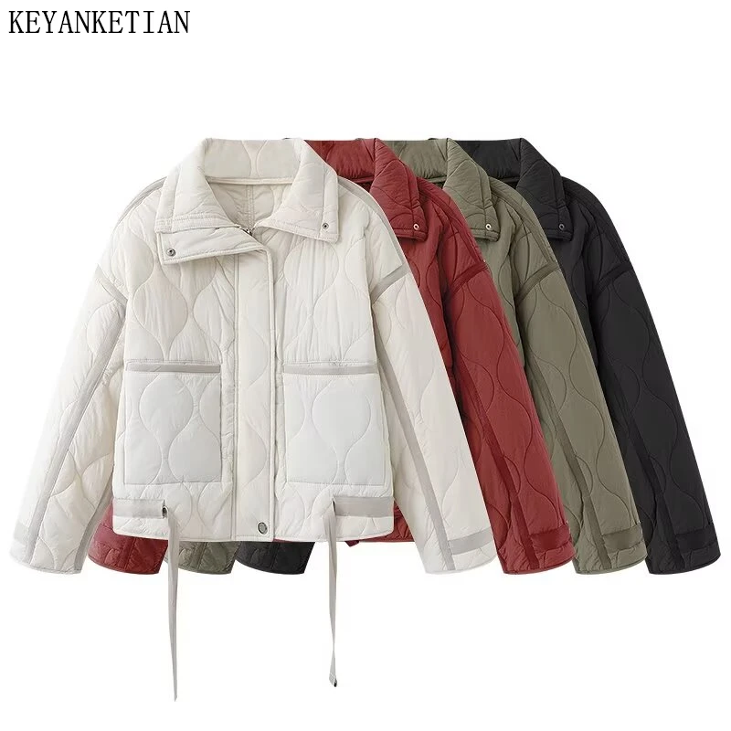 

KEYANKETIAN Winter New Women's Clothing Lapel Pocket Decoration Ribbon Splicing Tie Short Cotton Jacket Women Cotton Coat