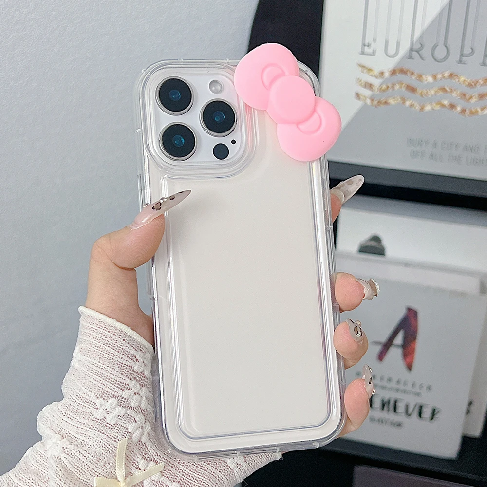 Lovely 3D Bow Clear Soft Phone Case For iPhone 16 15 14 Pro Max 13 12 11 Mini 7 8 Plus X XR XS Max SE Transparent Cover