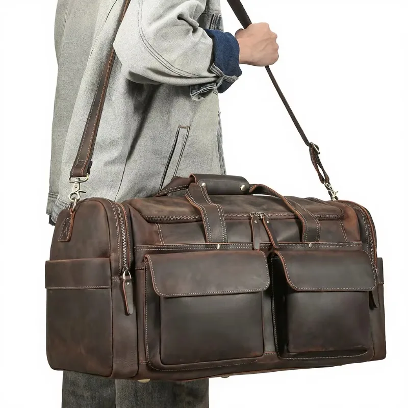 Crazy Horse Leather Leather Luggage Bag Zipper Outdoor Leisure Travel Fitness Bag Large Capacity Solid Color Simple Design