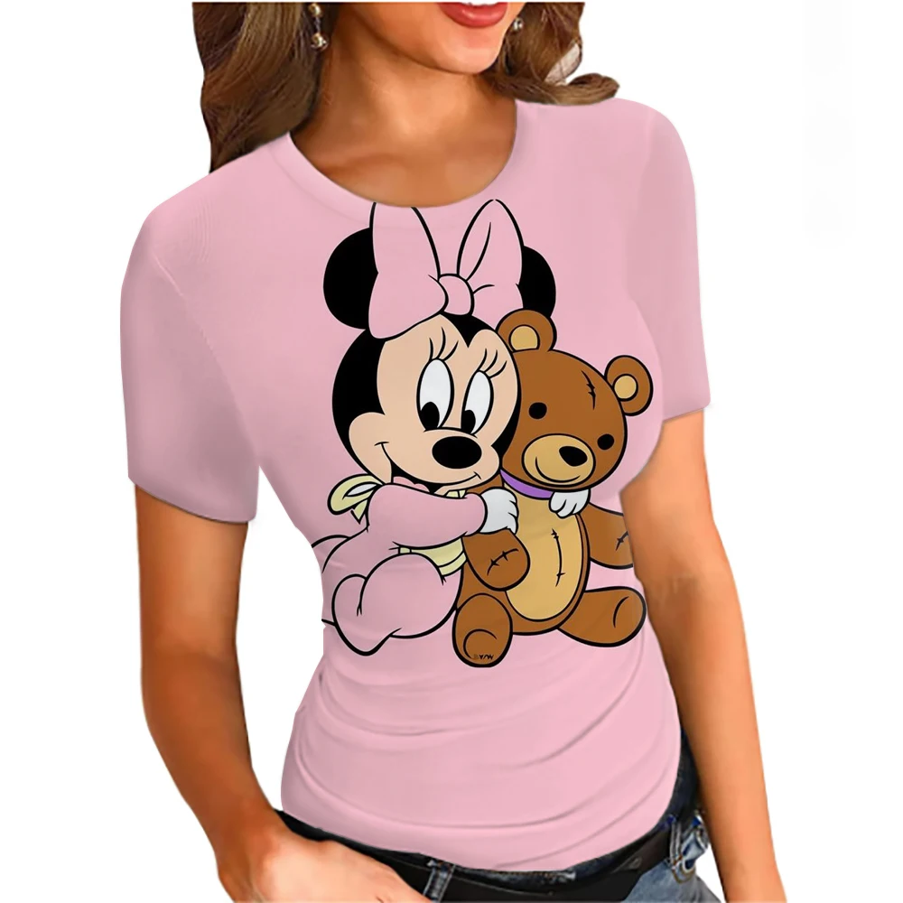 レディース半袖シャツ、ラウンドネックスリムフィットTシャツ、夏カジュアルベーシックカットシャツ、ストリートウェア、ディズニーミッキーマウスプリント