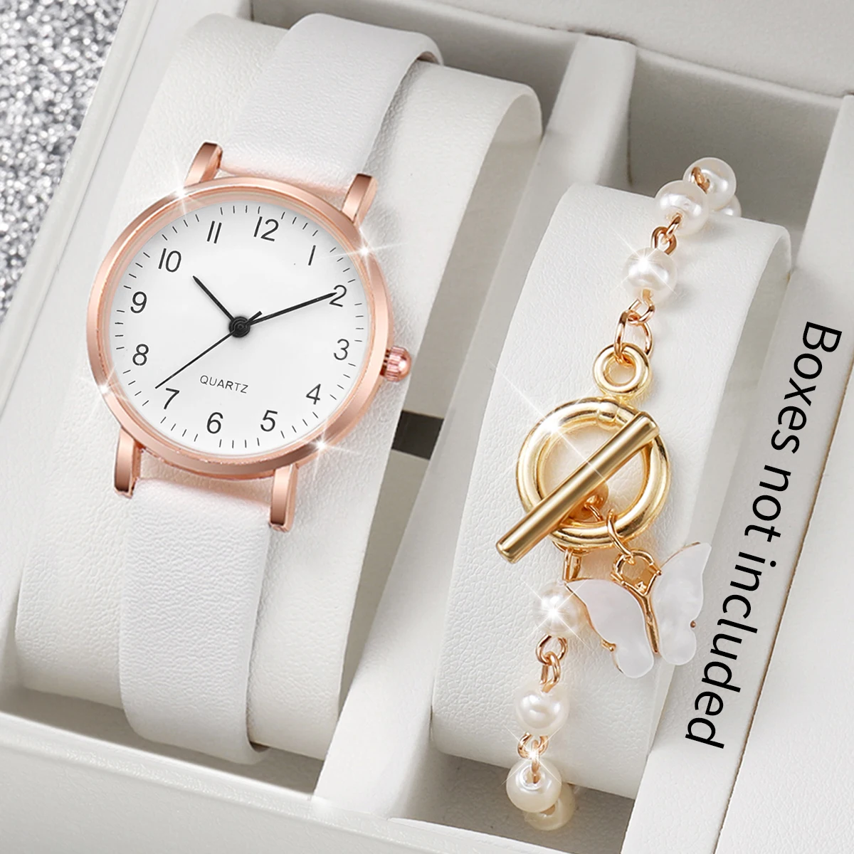 2Pcs/Set Fashion Women Leather Strap Quartz Watch & Pearl Butterfly Bracelet